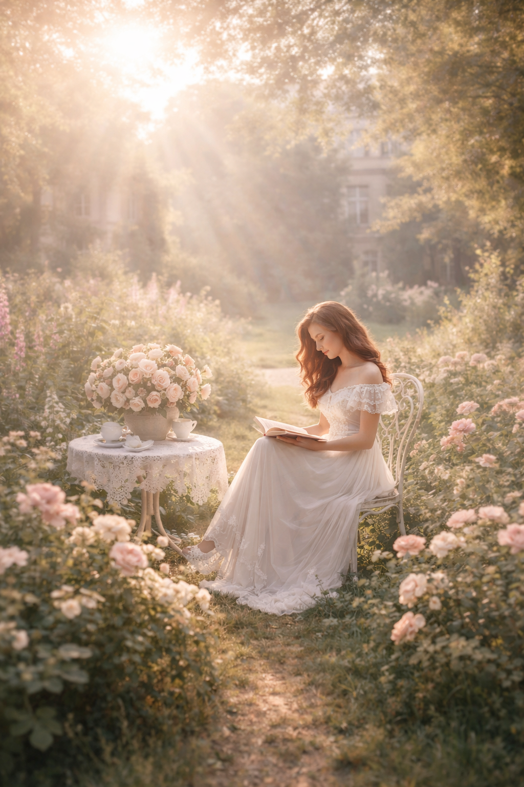 Girl in white dress reading a book in an English garden with golden sunlight and roses